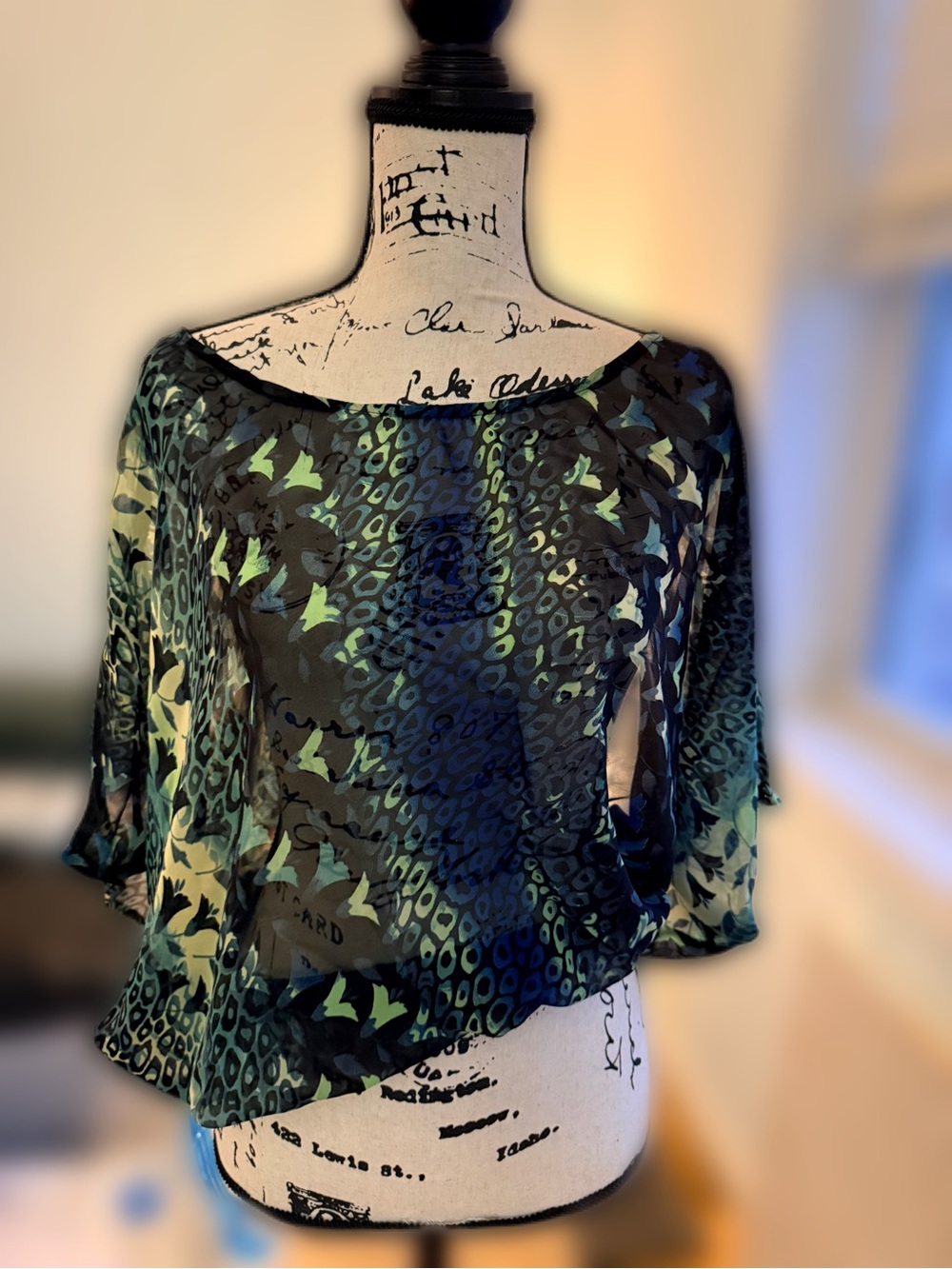 Women’s Sheer Printed Boatneck Batwing Top with elastic bottom waist - small